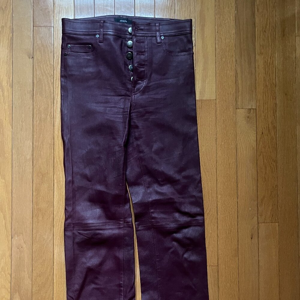 Joseph Calfskin Stretch Leather Straight Leg Fitted Burgundy Red Pants 36